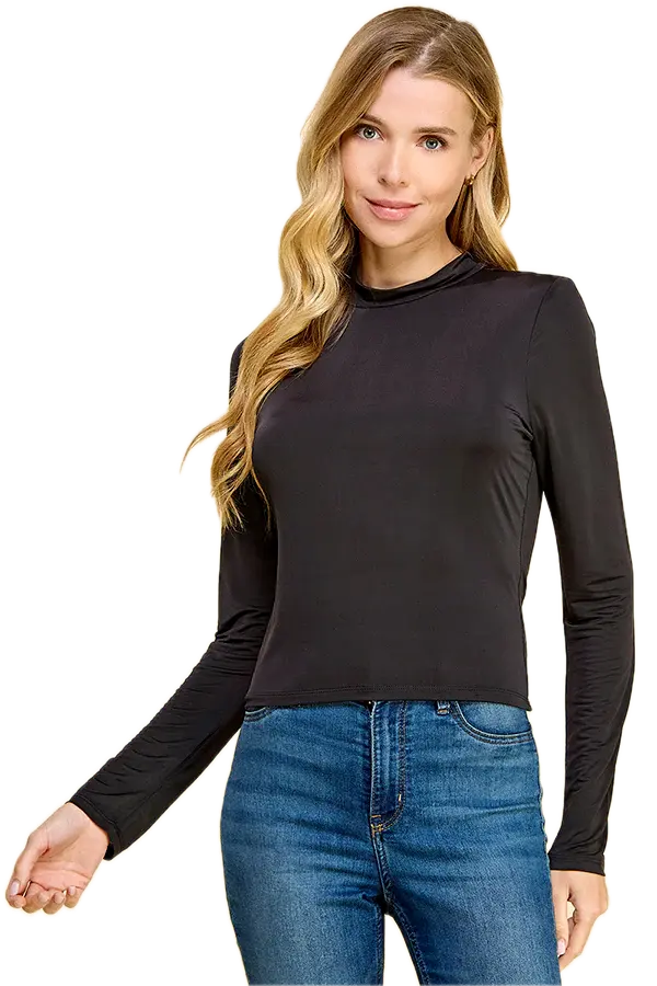 JT50631LC DOUBLE LAYERED FRONT MOCK NECK LONG SLEEVE TOP (S, Black)