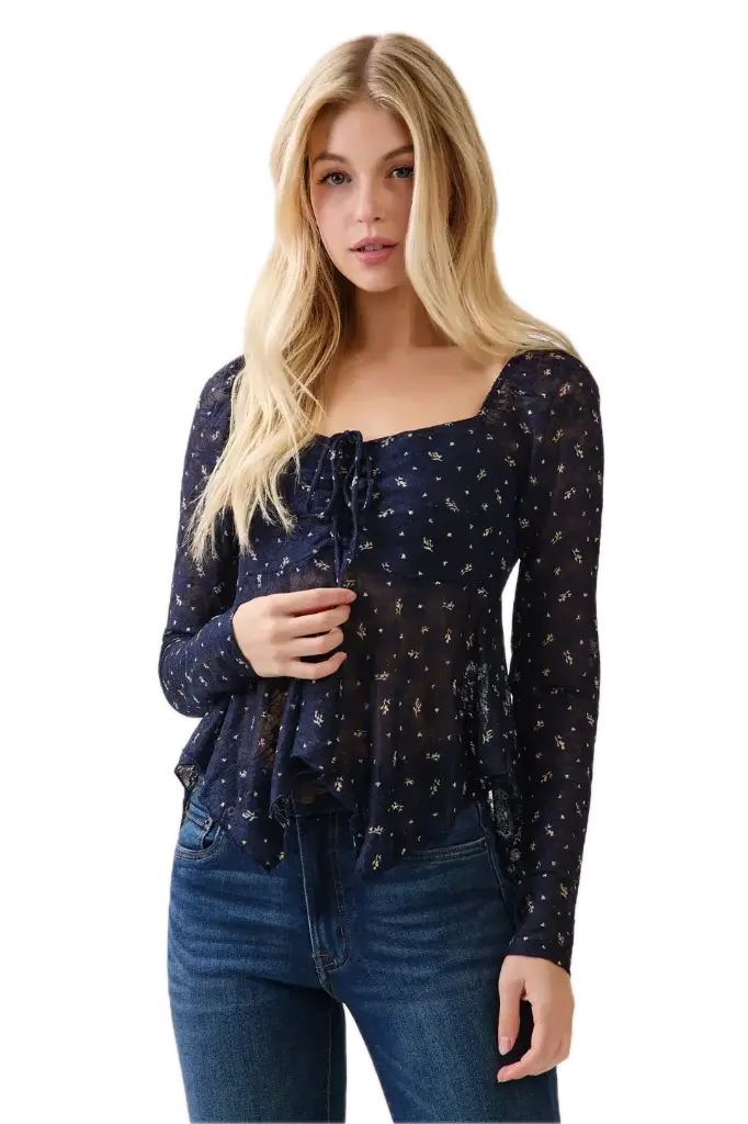 LT56338LP LONG SLV LACE FLY AWAY TOP (S, Navy)