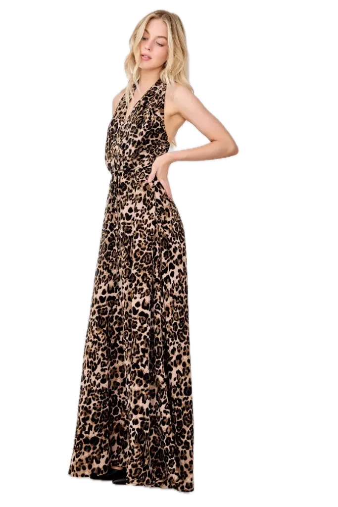 HD3319 Women Woven Leopard Print Sleeveless Halter Maxi Dress with Skinny Belt