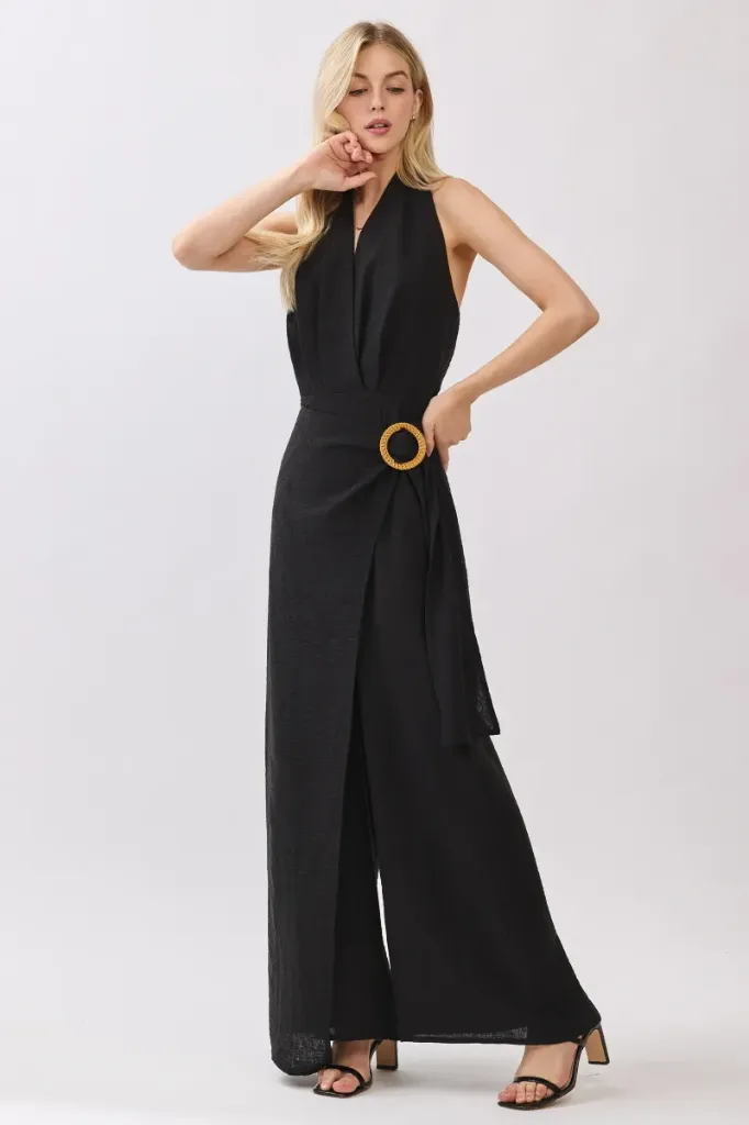 HR3254 Women Woven Solid Sleeveless Wrap Halter Jump-suit