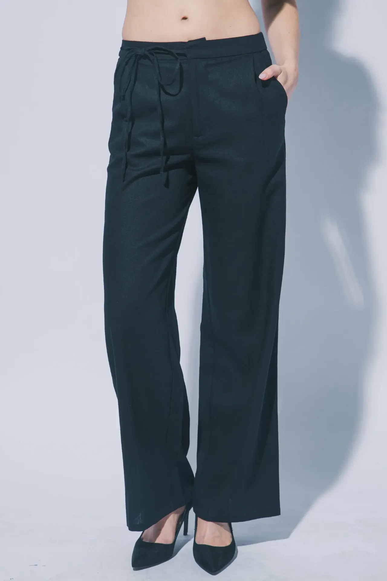 60111PL Wide Leg Linen Trousers With Tie Belt