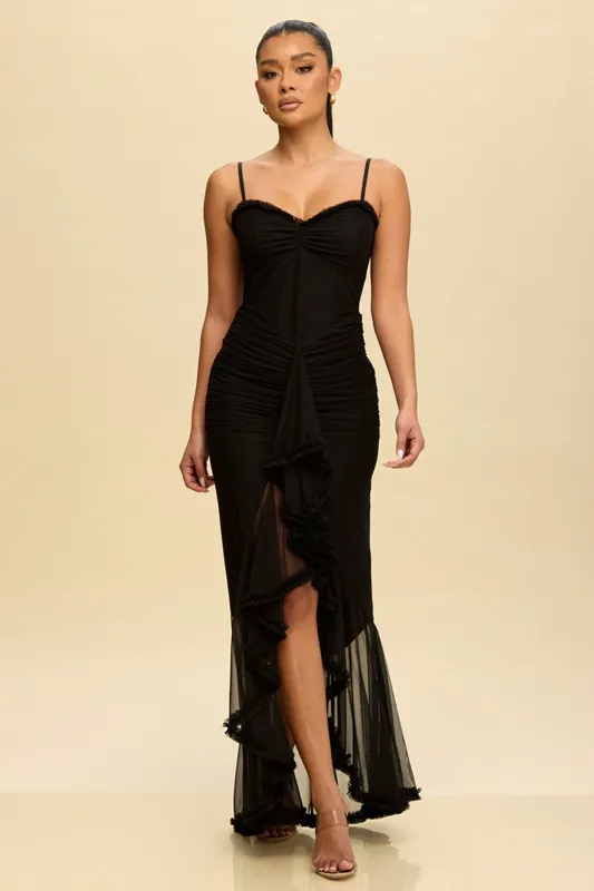 LD11408 SHIRRED MESH RUFFLE MAXI DRESS (Black, S)