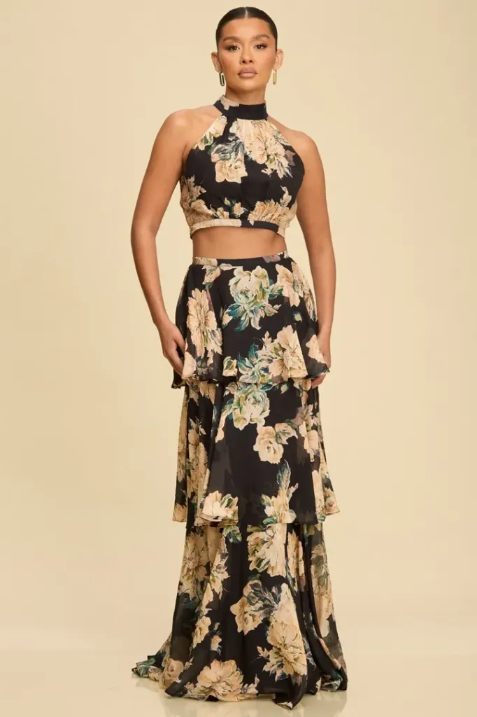 LTS11987 VINTAGE FLORAL LAYERED SKIRT SET (S)