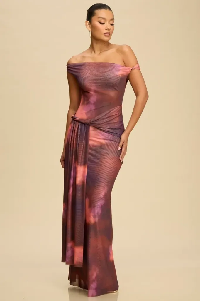 LD12147 TEXTURE MESH DRAPE DRESS (S)