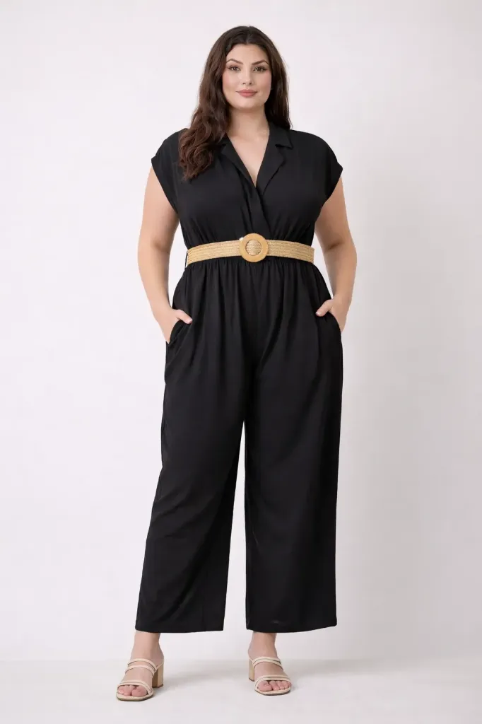 R312 Plus Size Wide Leg Belted Jumpsuit (Black, XL)