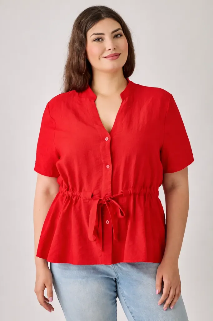 B309 Button-down Peplum Top With Drawstring Waist