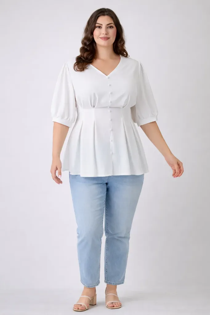 B313 Plus Size Puff Sleeve Button-front Blouse (White, XL)