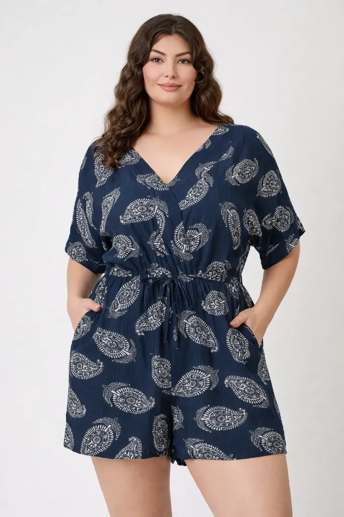 R306 Green Paisley Print Romper With Drawstring Waist (XL)