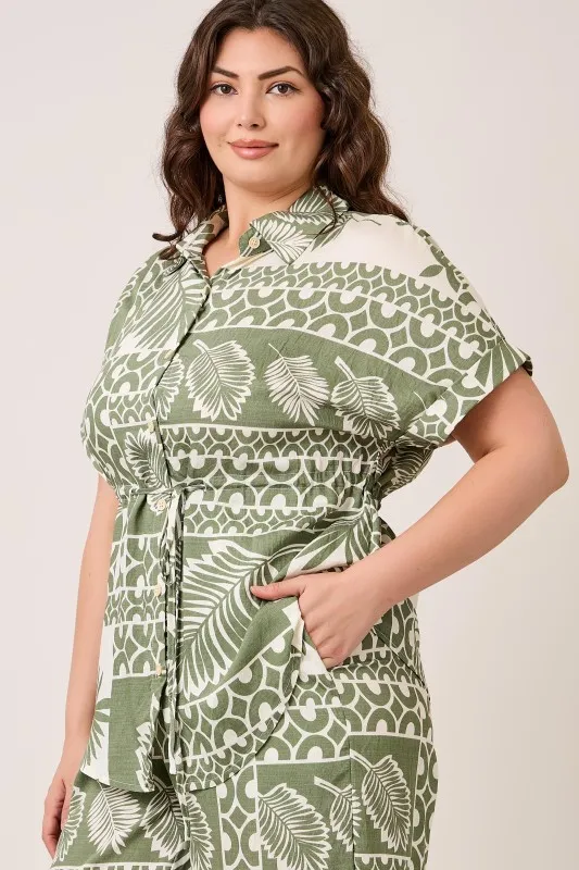 R308 Plus Size Palm Print Two-piece Set (Green, XL)