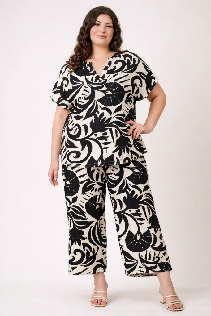 R310 Plus Size Abstract Print Two-piece Set (XL)