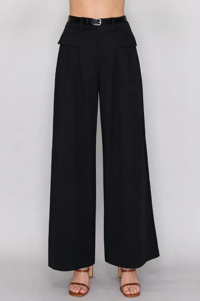 IP9397 Belted Wide Leg High-Rise Trouser Pants (Black, S)