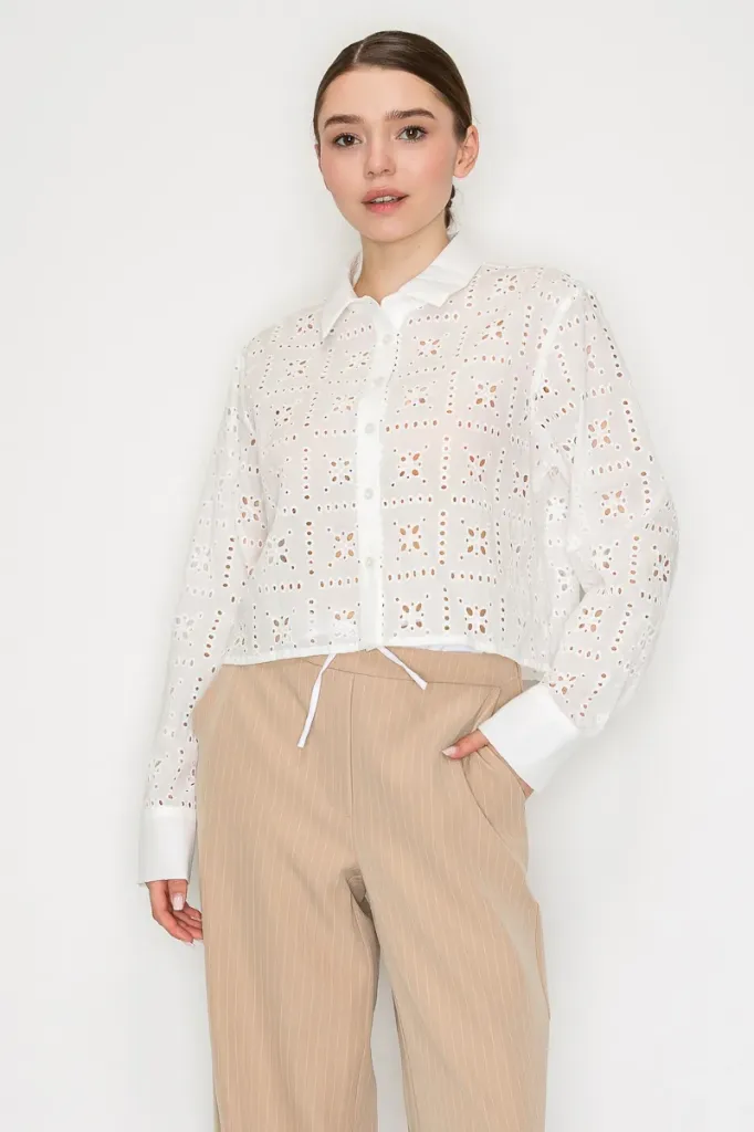 ST3020 Eyelet Collared Button-Down Shirt Top