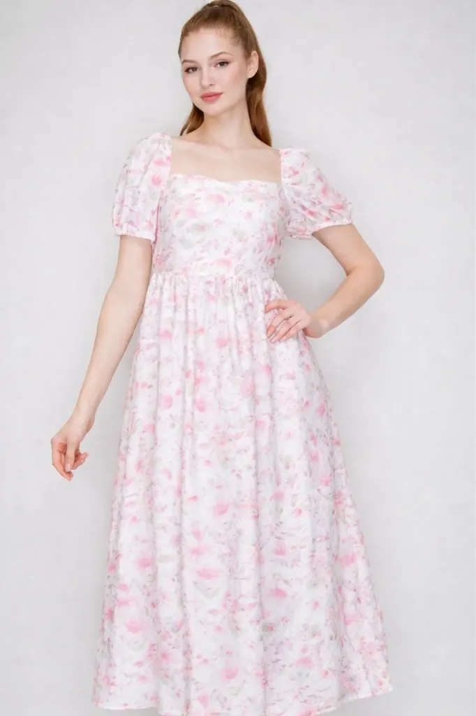 BD05736A-U1883 Floral Back Lace-Up A-Line Dress (Pink, S)