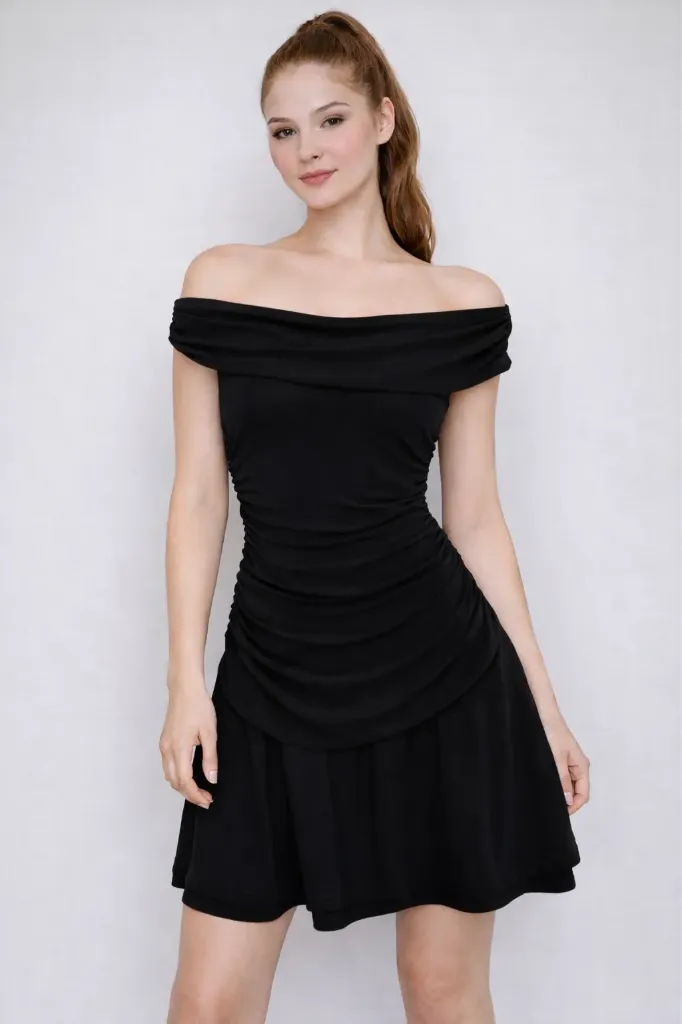 BD06007 OFF SHOULDER TIERED MINI DRESS (Black, S)