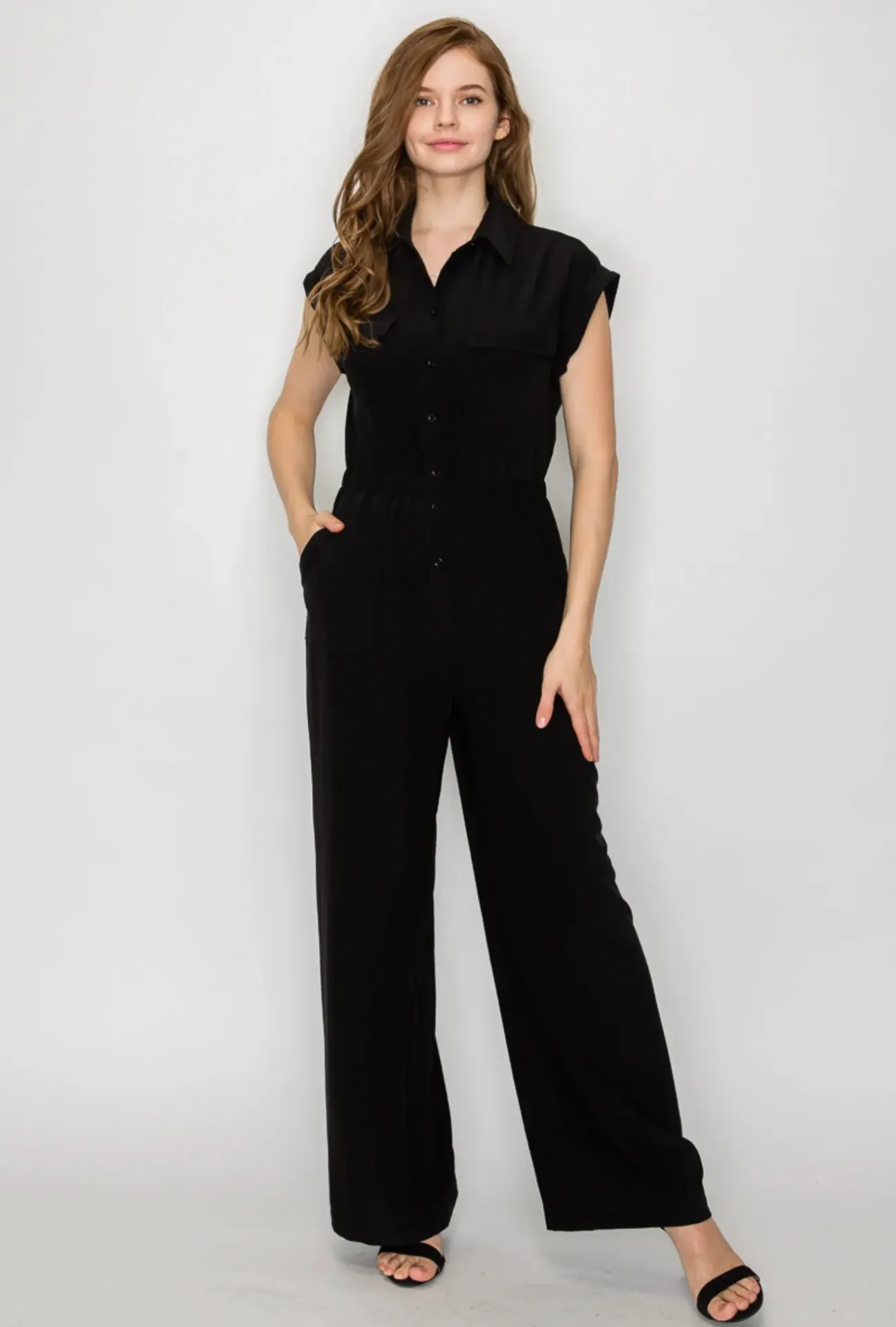 BP08068 Button-Down Elastic Wide Leg Jumpsuit (Black, S)