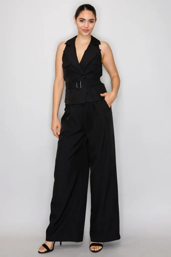 HMP41034 Belted Notch Wrap Wide-Leg Jumpsuit