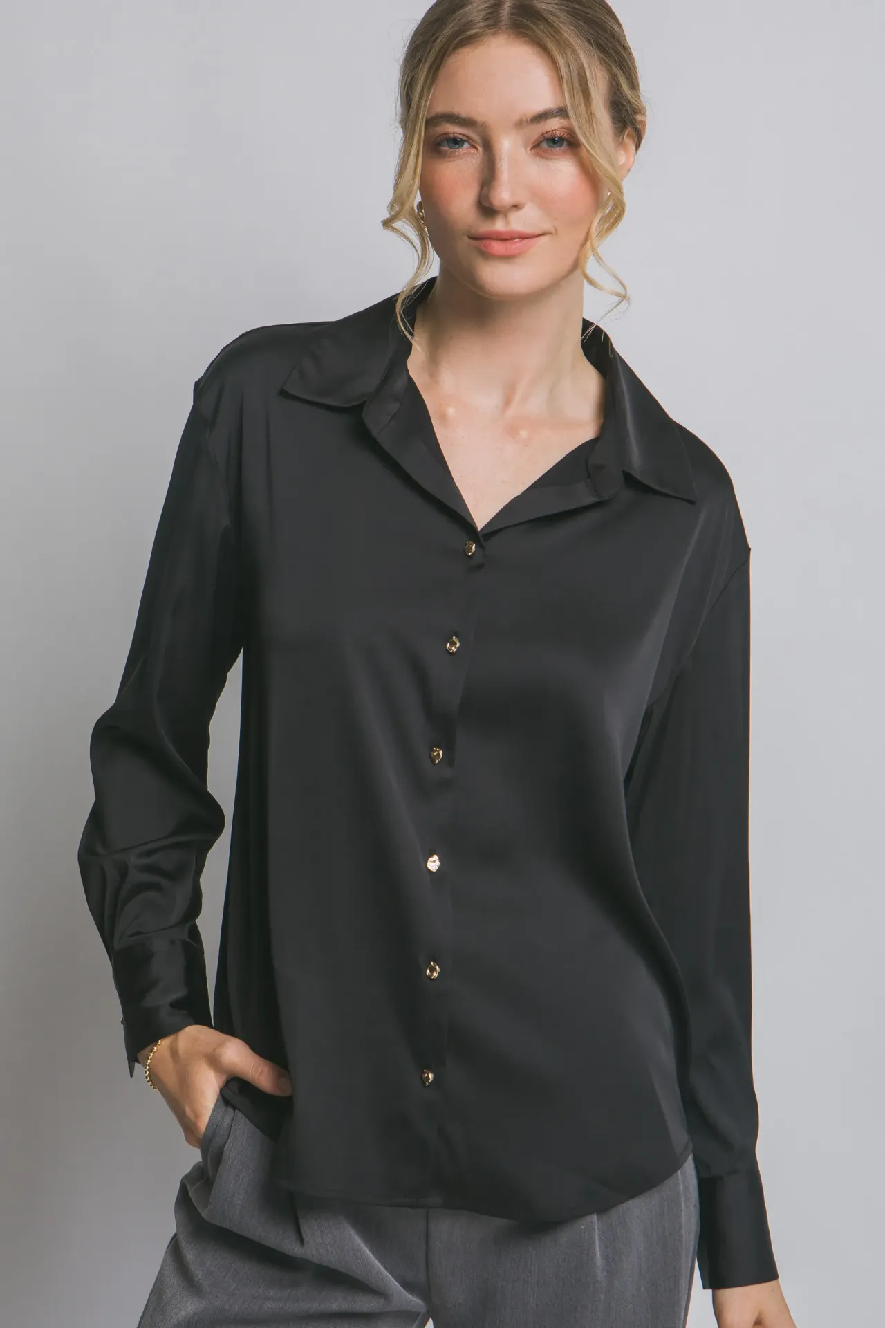 10384TN Long Sleeve Collared Satin Shirt