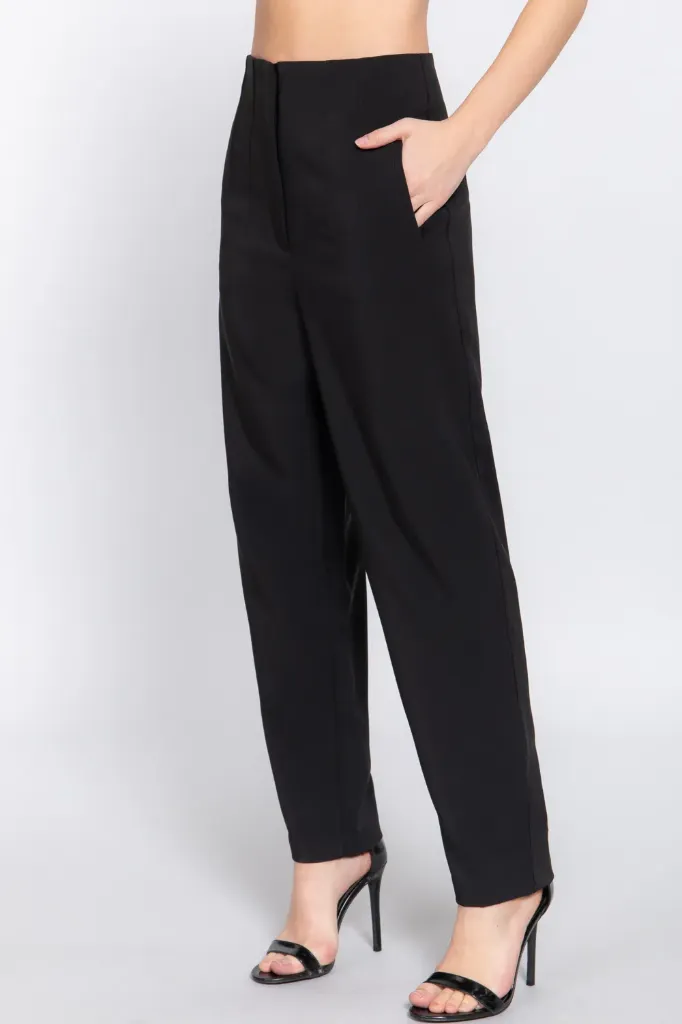 P13839 HIGH WAIST PINTUCK DETAIL LONG PANT (Black, S)