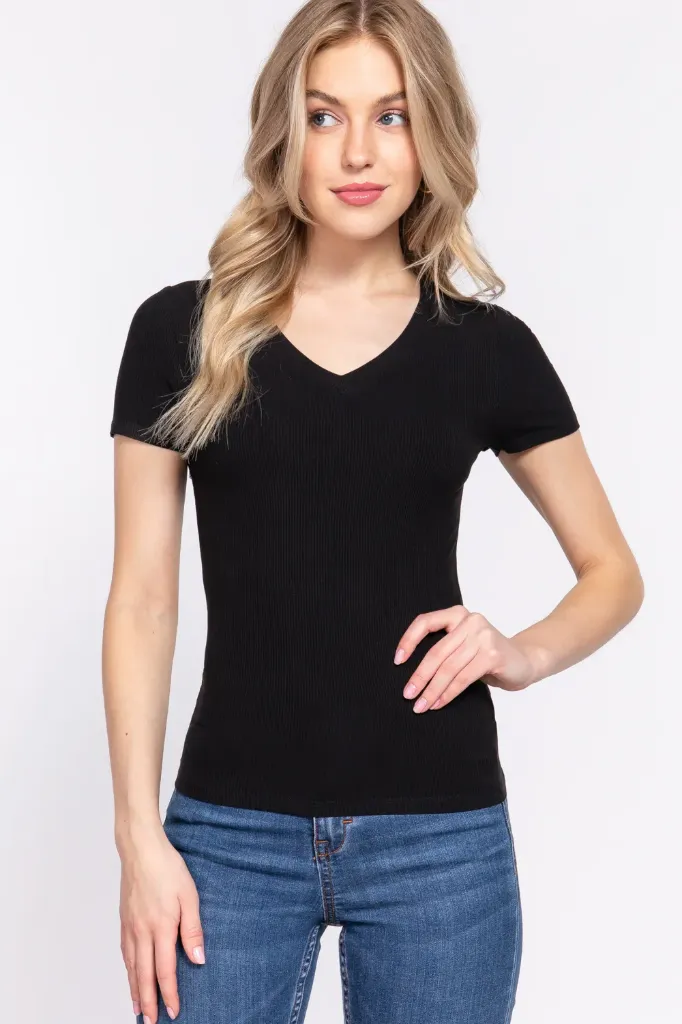 T13549 SHORT SLV V-NECK RAYON RIB KNIT TOP (S)
