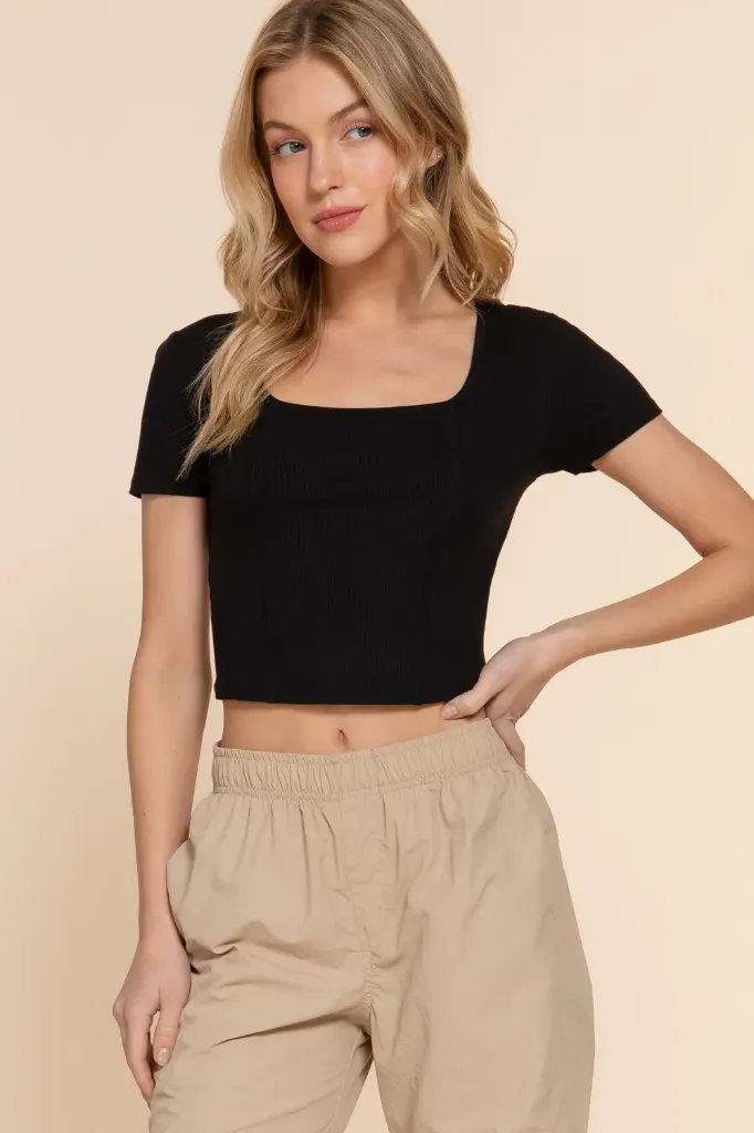 T13842 SHORT SLV CORSET DETAIL RAYON RIB KNIT TOP (Black, S)