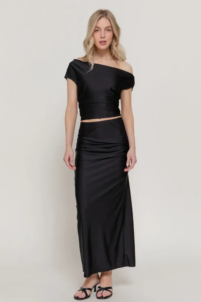 SET15163 ASYMMETRICAL NECKLINE TOP & LONG SKIRT SET (S)