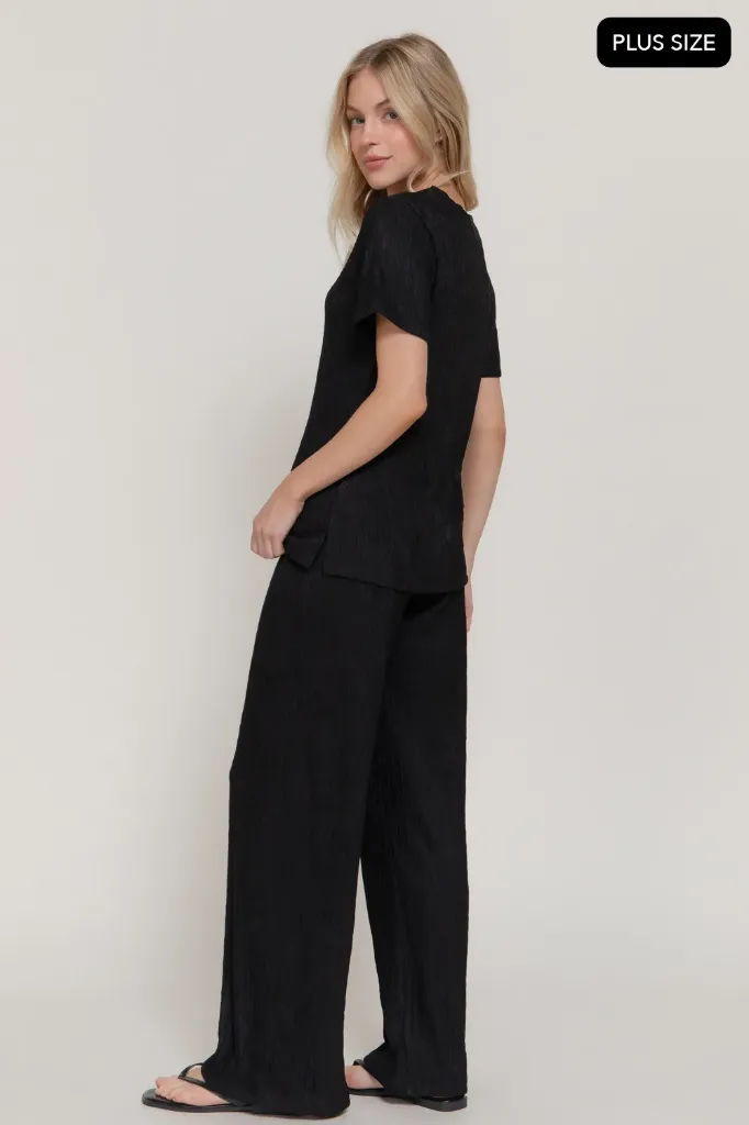 SET74970 [PLUS] SHORT SLV TOP & WIDE PANTS RCINKLE KNIT SET