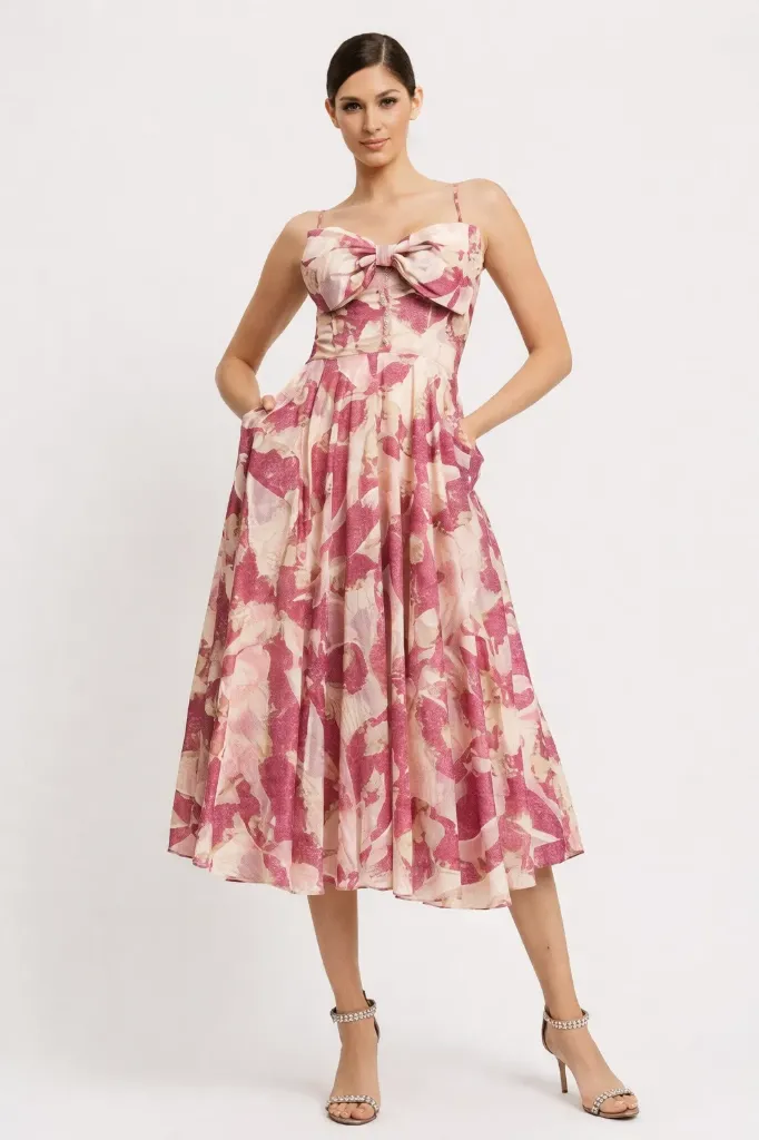 RVD6486 SPAGHETTI STRAP PRINT MIDI DRESS WITH FRONT BOW (S)