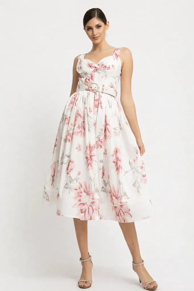 RVD6616 FLORAL PRINTED PLEATED BRA CUP WITH SELF BELT MIDI DRESS (S)