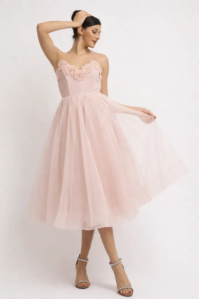 RVD6760 SLEEVELESS 3D FLOWERS MESH MIDI DRESS WITH REMOVABLE TRANSPARENT BRA STRAP (S)