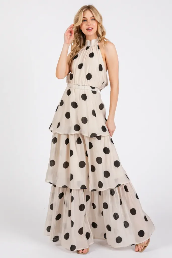HD2687 Women Woven Polka Dot Print Halter Neck Tiered Maxi Dress