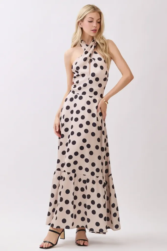 HD3385 Women Woven Polka Dot Print Sleeveless Twisted Halter Maxi Dress with Smoking Back