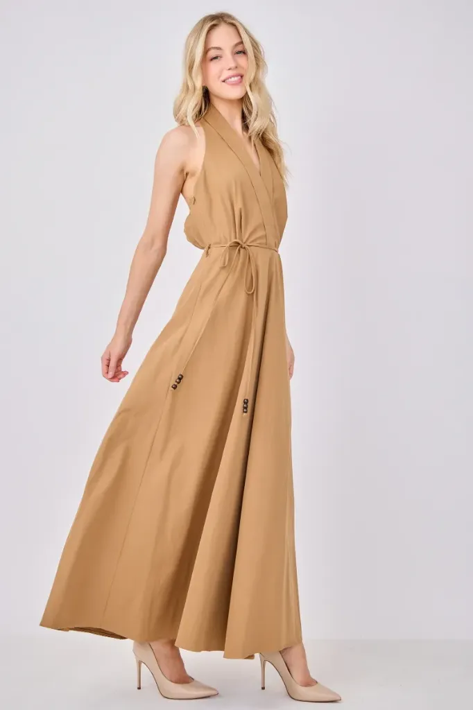 HD3314 Women Woven Solid Sleeveless Halter Maxi Dress with Skinny Belt (S)