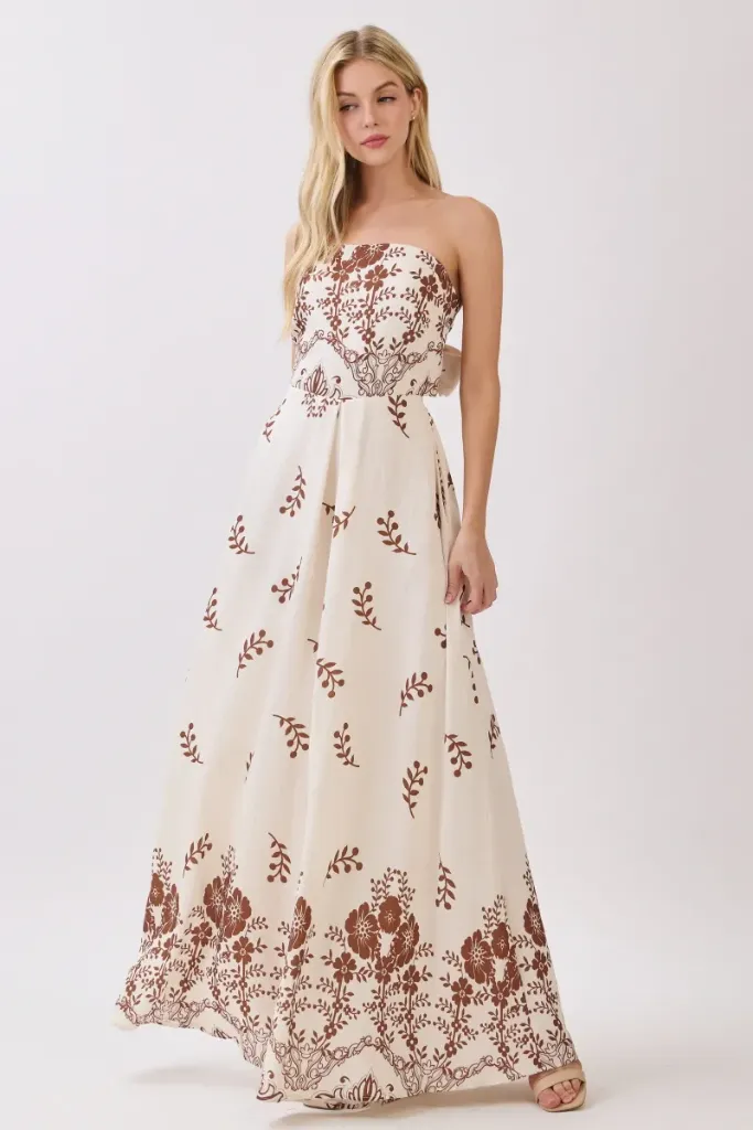 HR3269 Women Woven Boarder Print Tube Jump-Suit with Back Details and Invisible Side Pocket