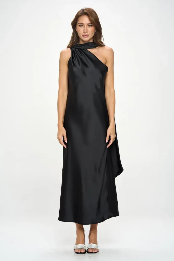 4777DR One Shoulder Satin Maxi Dress W Scarf