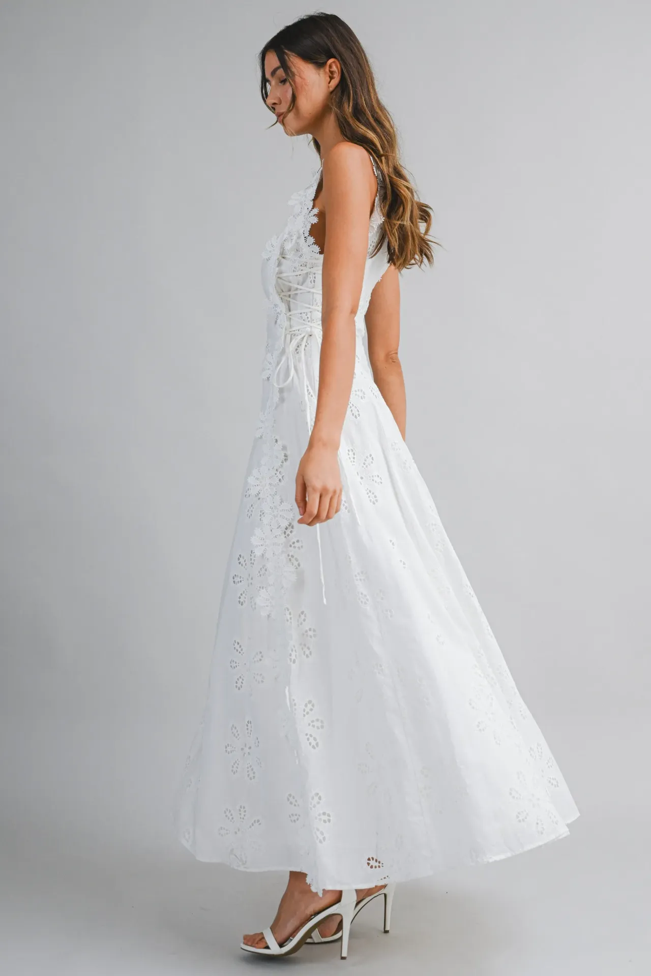 M8208 Floral Eyelet Sleeveless Lace Trim Maxi Dress