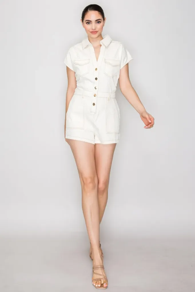 HMP41030A Collared Belted Denim Romper