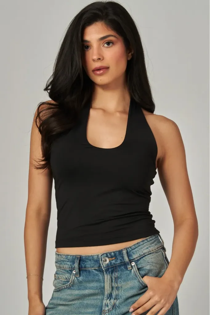 VERA-28T Contour Double Layered Round Neckline Open Back Top