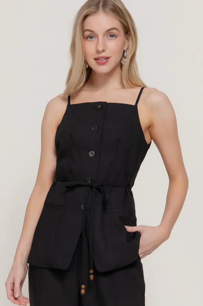 T14939 Self Tie Linen Effect Cami Top