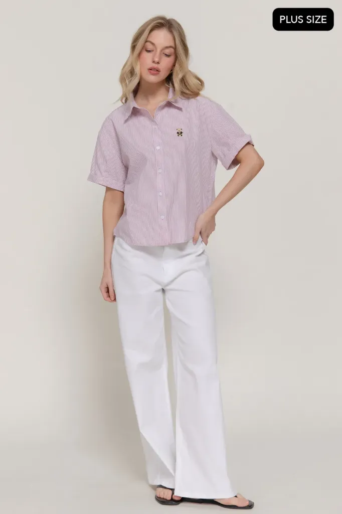 T74935 [PLUS] ROLL-UP SHORT SLV STRIPE SHIRT