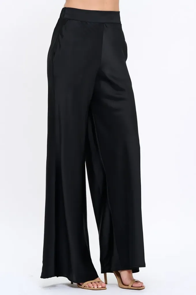 4596PT Stretch Satin Pants Elastic Waist And Pockets
