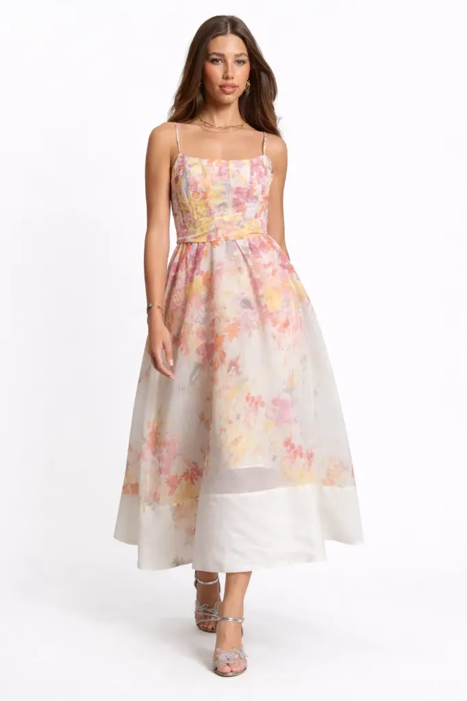 ITD8894 Floral Organza Corset Midi Dress (S)