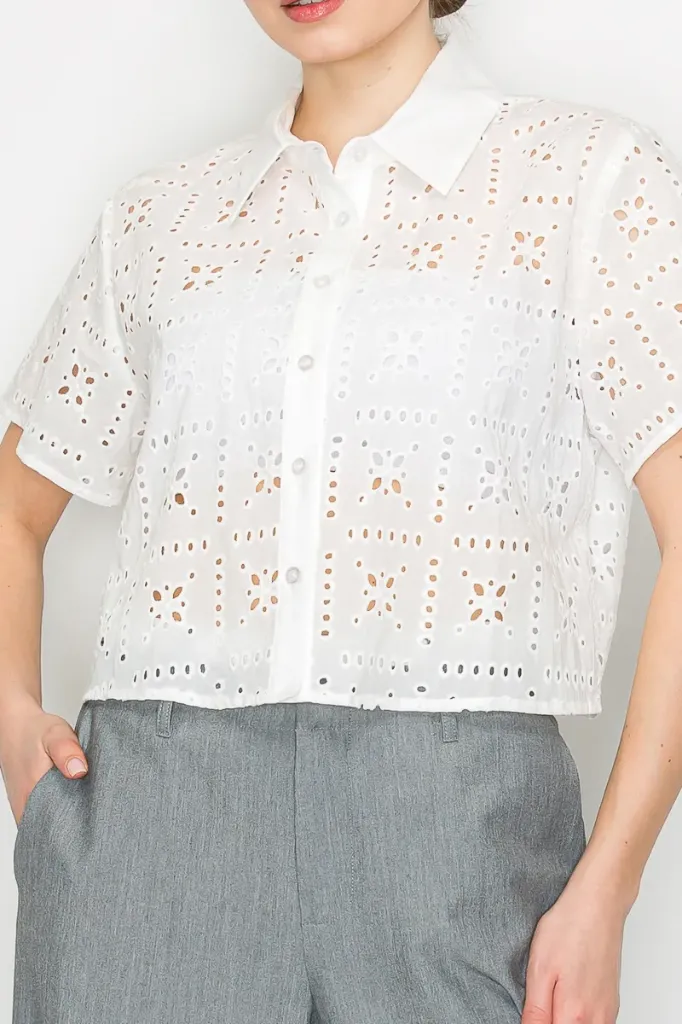 IT93029 Six-Button Eyelet Collared Shirt Top