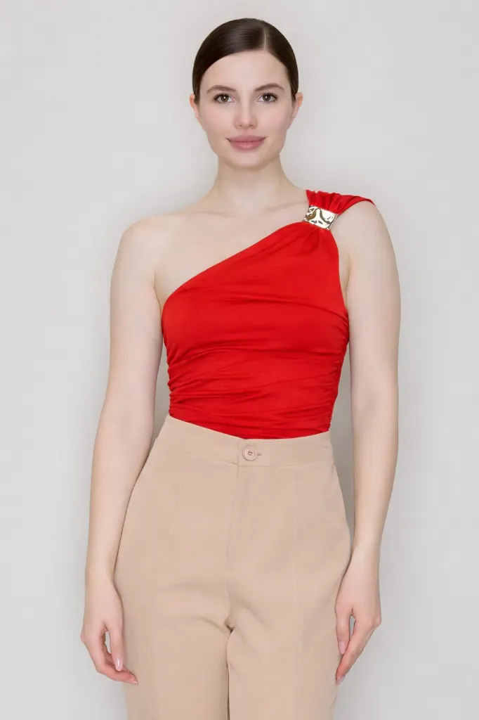 HMT57474 Asymmetrical One-Shoulder Bodysuit with Metal Plate