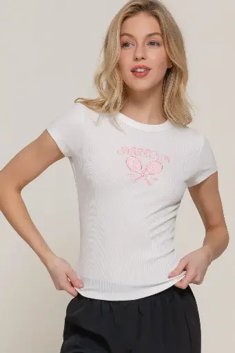 SHORT SLV EMBROIDERY RIB KNIT TOP