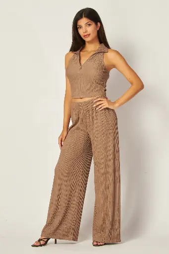 Crinkle Textured Collar Zip-up 2pc Loungewear Set