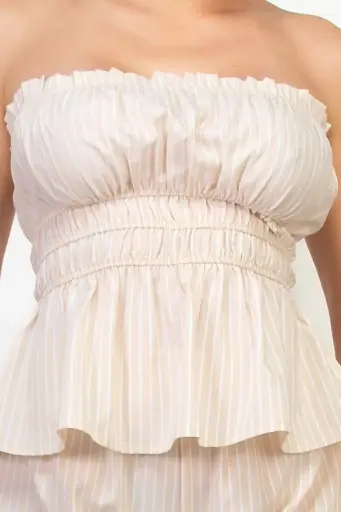  Peplum Strapless Elastic Striped Top